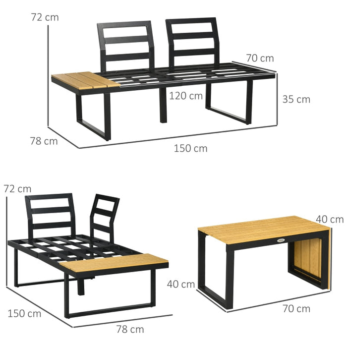 Gartenmöbel-Set für 3 Personen Balkonmöbel mit Sitzkissen, Aluminiumrahmen, Holzoptik, Dunkelgrau+Natur