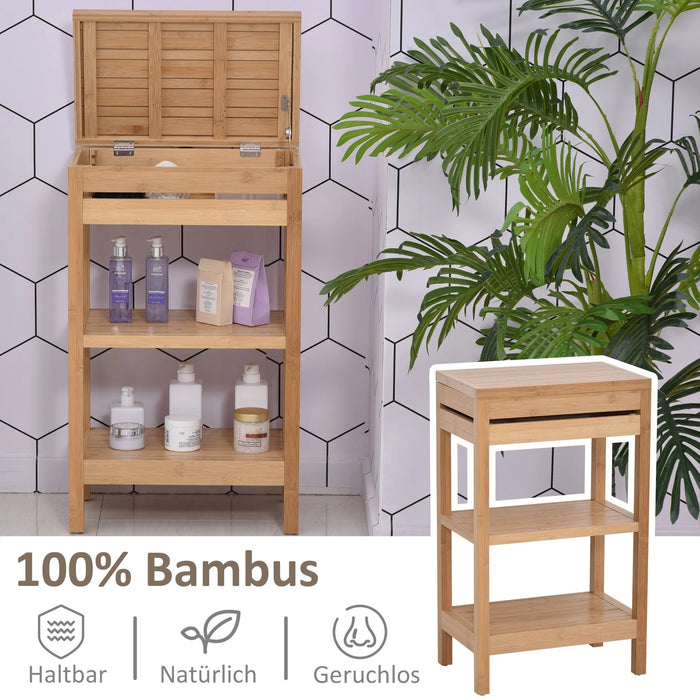 Bathroom shelf, with a hinged lid, bathroom standing shelf with 2 shelves, bamboo, nature, 46x29.5x76.5cm