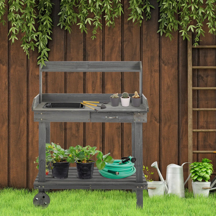 Pflanztisch mit Schublade 2 Stufen Gärtnertisch mit waschbecken und Rollen Garten Tannenholz Grau, 92x45x119cm