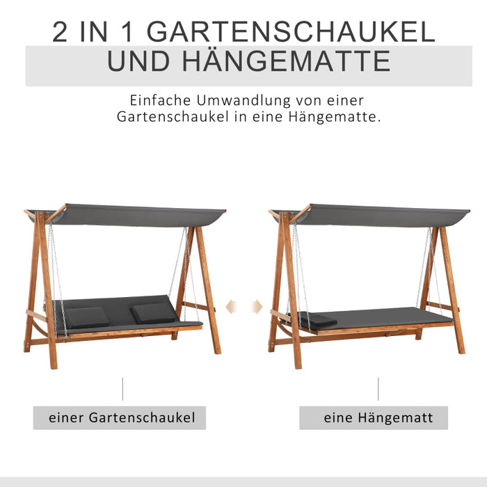 Hollywoodschaukel mit Bettfunktion 3-Sitzer Gartenschaukel mit Dach Hollywoodliege Gartenliege Kiefernholz Polyester Grau+Teak, 225,5x113x180cm