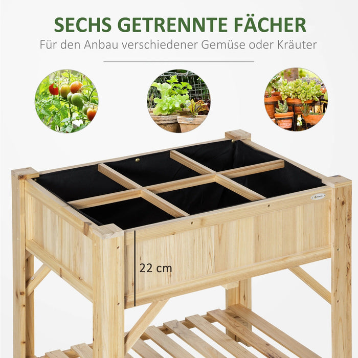 Hochbeet Holz mit 6 getrennten Anbauflächen Pflanztisch Blumenkasten Vliesstoff Natur, 78,5x58x81cm