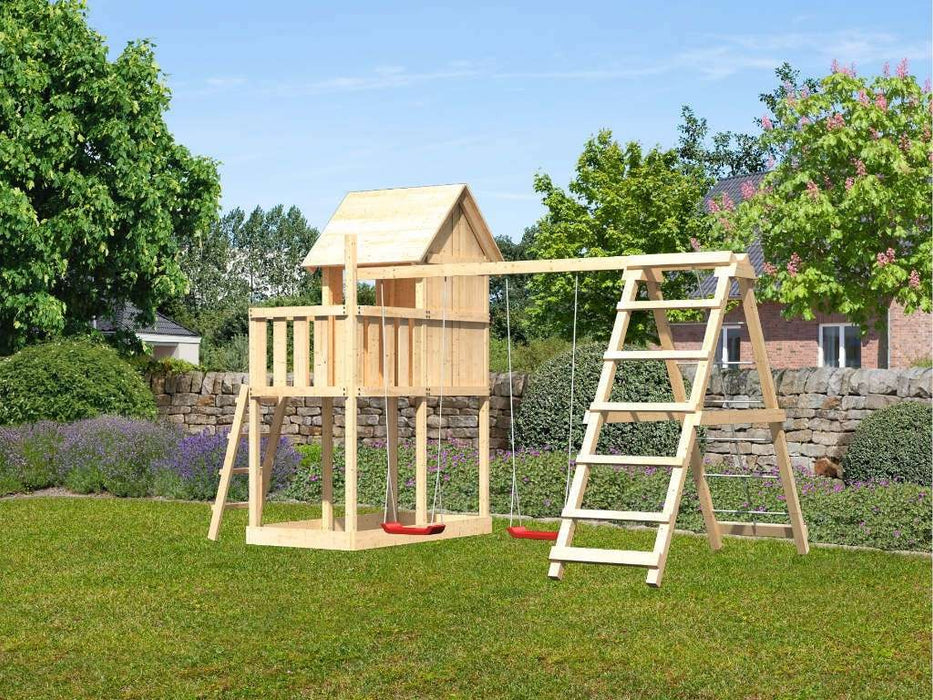 Play Tower 'Peace' Dual Swing naturel, cadre d'escalade et rampe secteur, 107x107x291cm (BXTXH)