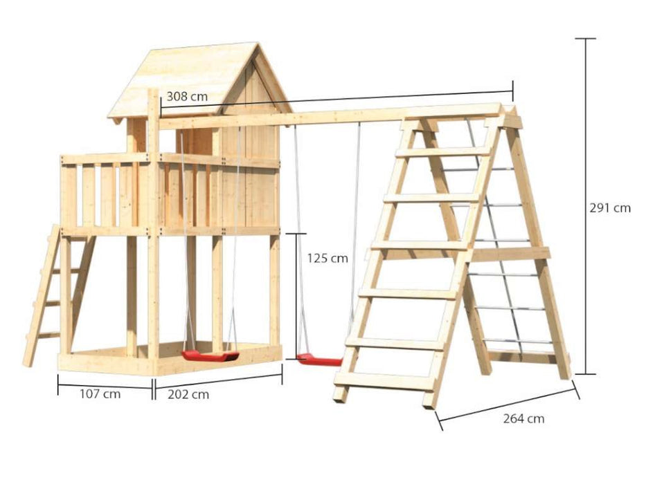 Play Tower 'Peace' Dual Swing naturel, cadre d'escalade et rampe secteur, 107x107x291cm (BXTXH)