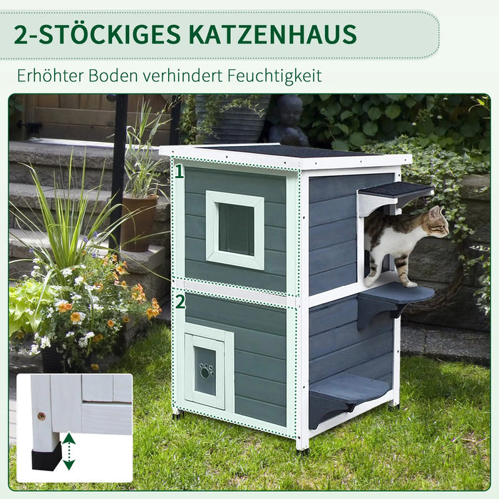 Katzenhaus 2 pavimenti cat villa con scale, tetto di asfalto, finestra, 51x51x81.3cm