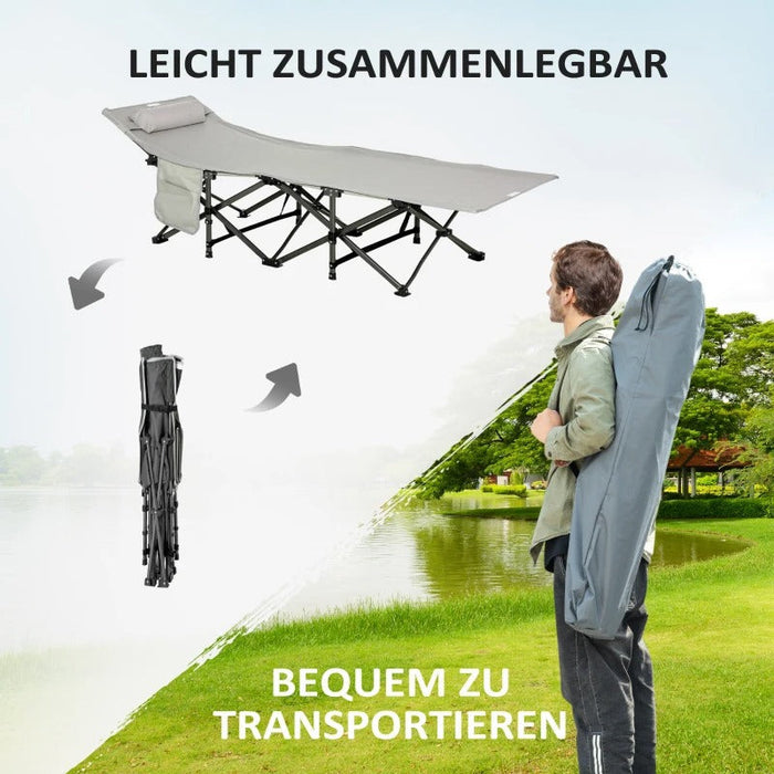 Campingbett klappbar Feldbett Klappbett mit Kopfkissen Seitentasche Matratze Gästebett bis 150kg belastbar Reisen Outdoor Oxford Hellgrau 188x64,5x53cm