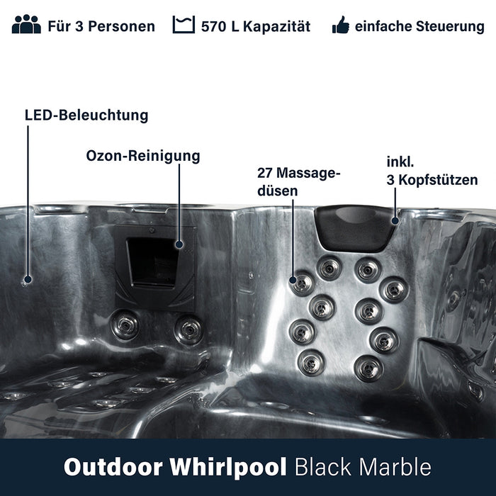 Whirlpool Black Pearl en plein air, 27 jets de massage, éclairage, escaliers et couverture thermique, 3 personnes