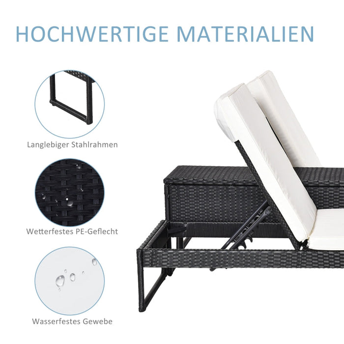 Sonnenliege mit verstellbarer Rücklehne PE-Rattan Polyester Schwarz Kissen Cremeweiss