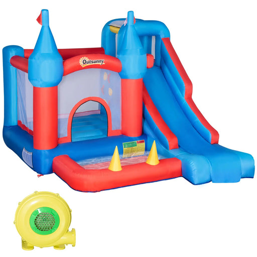 Aufblasbare Hüpfburg für 4 Kinder Wasserhüpfburg mit Gebläse Rutsche Pool Kletterwand Trampolin Tragetasche Garten für Kinder Outdoor Wasserrutsche Springburg 3-8 Jahren, 333x280x210cm