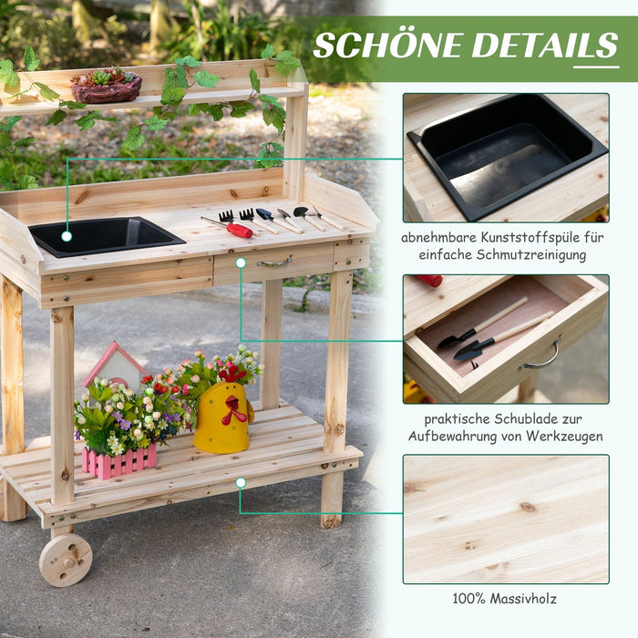 Pflanztisch mit Schublade 2 Stufen Gärtnertisch mit waschbecken und Rollen Garten Tannenholz Natur, 92x45x119cm