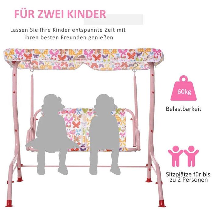 Kinder Hollywoodschaukel Kinderschaukel mit Sonnendach 2-Sitzer Gartenschaukel für 3-6 Jahre Metall Rosa 110Lx70Bx110Hcm