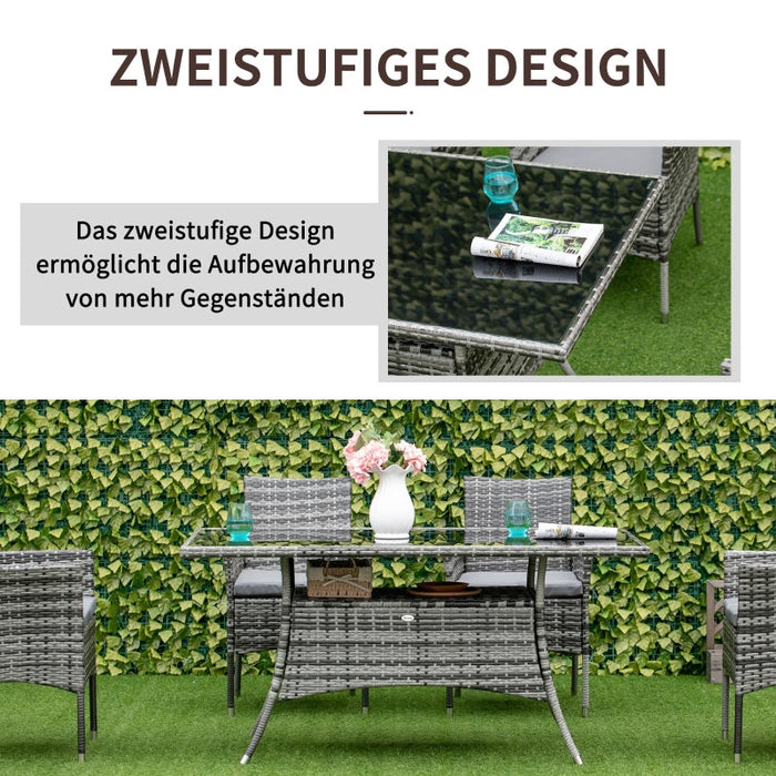 Gartentisch Glastisch Esstisch Gartenmöbel Tisch, Polyrattan+Sicherheitsglas, Grau+Schwarz, 150x85x74cm