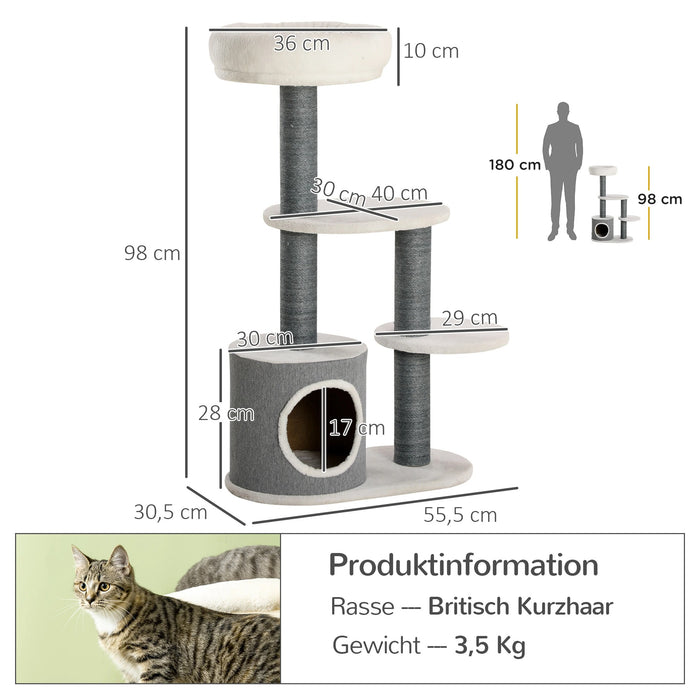 Scratching Tree avec 1 grotte de chat, 1 lit de chat, 2 plates-formes, poteau de corde de jute, blanc + gris