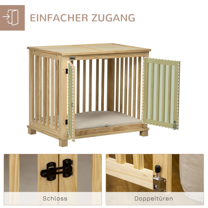 Dog cage with locking and upholstery natural wood, 82.5x57x72cm