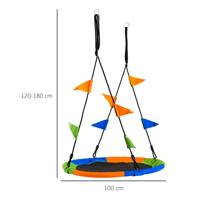 Nestschaukel Ø100 cm Tellerschaukel Kinderschaukel Gartenschaukel bis 80 kg Outdoor belastbar für 3+ Jahre Metall Polyester Blau+Grün+Orange