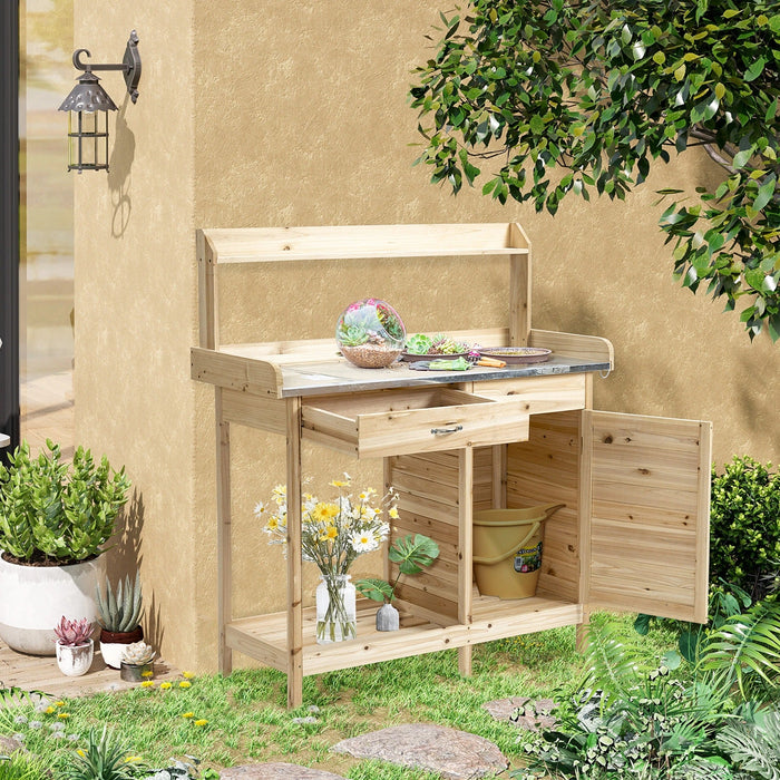 Pflanztisch mit verzinkter Arbeitsplatte Gärtnertisch mit Schublade Schrank Garten Arbeitstisch Massivholz Natur, 112x48x125cm