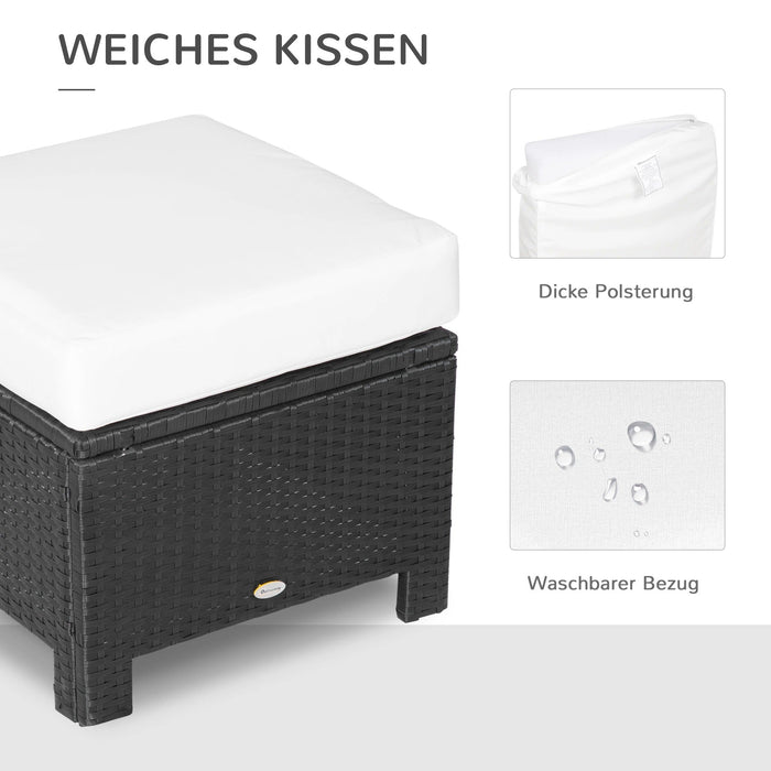 Poly Rattan Hocker mit Kissen Sitzhocker Schwarz + Cremeweiss, 50x50x35cm