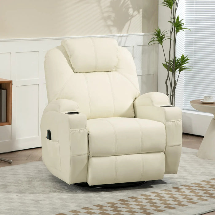 Détendez le fauteuil avec fonction de massage, dossier inclinable, rotatif, jusqu'à 150 kg, blanc crème