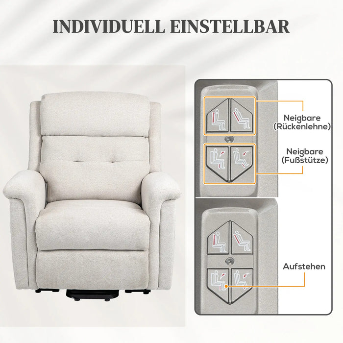 Détendez le fauteuil avec stand -Up Aide, y compris la télécommande de support des pieds crème blanche, 92x87x108cm