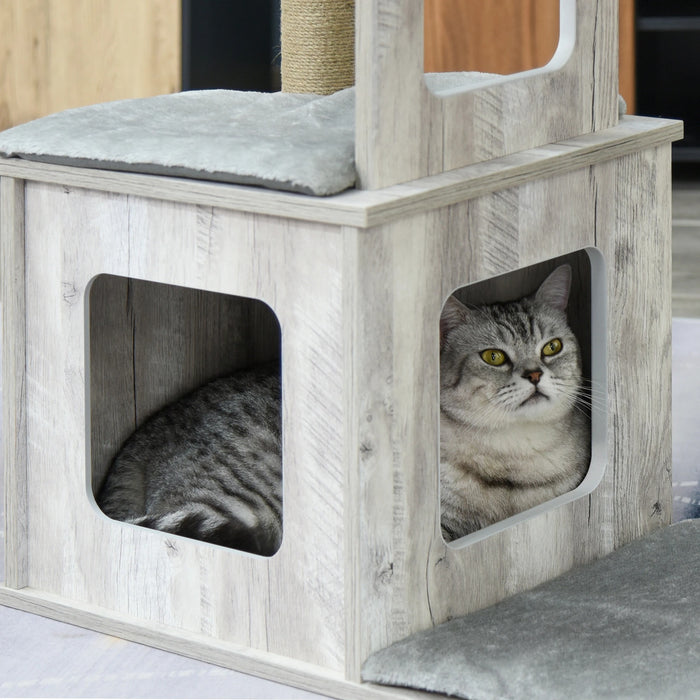 Posta di graffi in legno con Cat House, peluche grigio juta 67x38.5x114cm