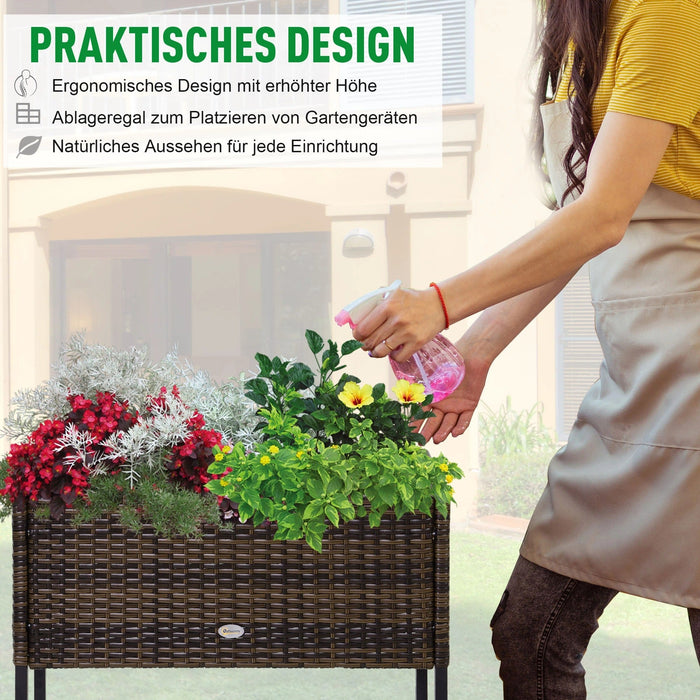 Poly Rattan Hochbeet Blumenkasten mit Füssen Blumentopf mit Ablage Braun, 70x30x70cm