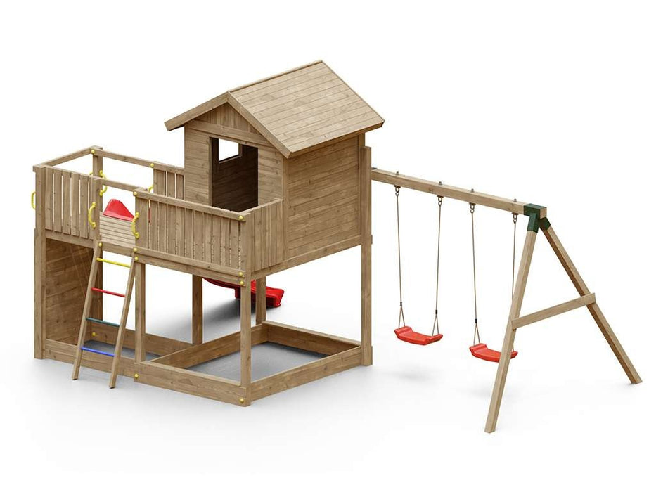 Torre da gioco 'SPACE L' incl. altalena doppia + scivolo rossa, 488x332x280cm (LxPxA)