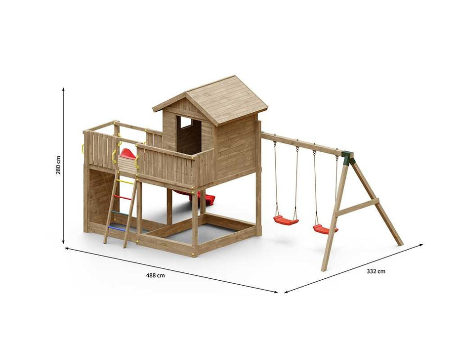 Torre da gioco 'SPACE L' incl. altalena doppia + scivolo rossa, 488x332x280cm (LxPxA)