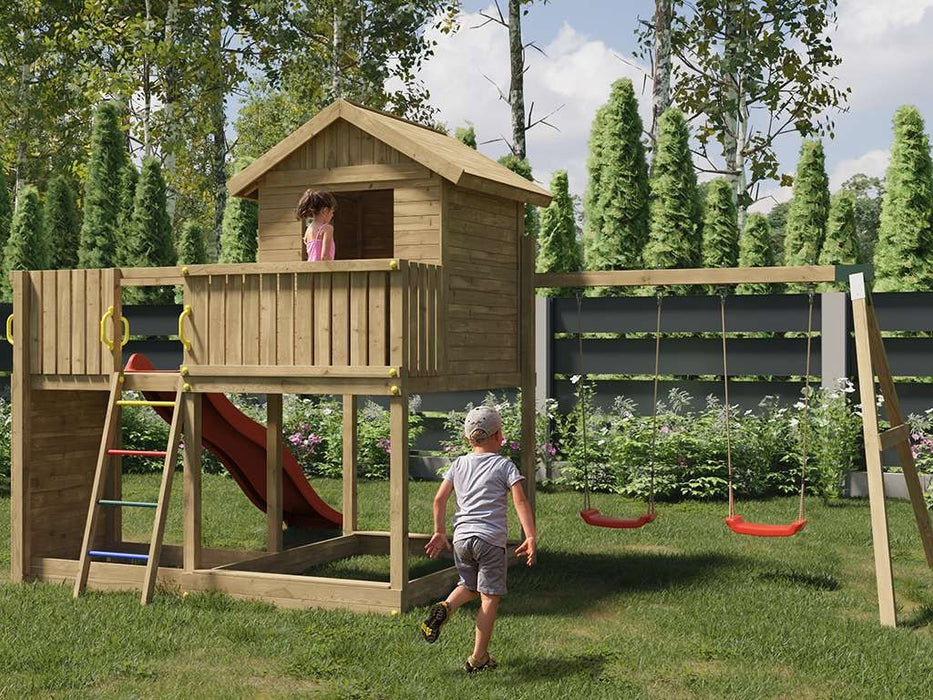 Torre da gioco 'SPACE L' incl. altalena doppia + scivolo rossa, 488x332x280cm (LxPxA)