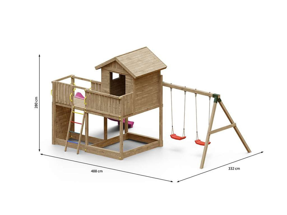 Play tower 'SPACE L' incl. double swing + slide pink, 488x332x280cm (WxDxH)