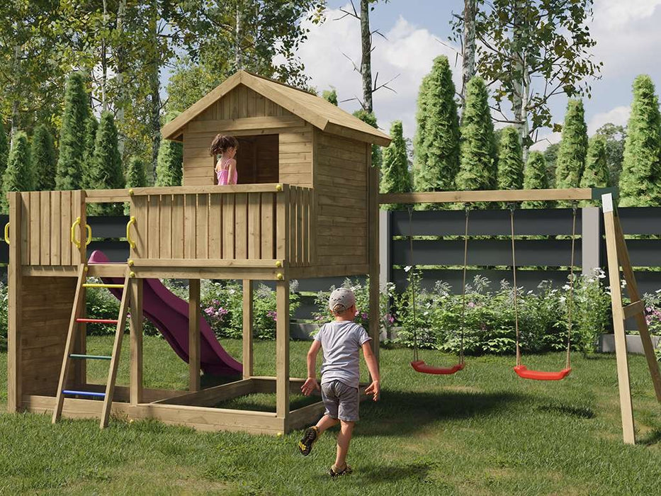 Play tower 'SPACE L' incl. double swing + slide pink, 488x332x280cm (WxDxH)