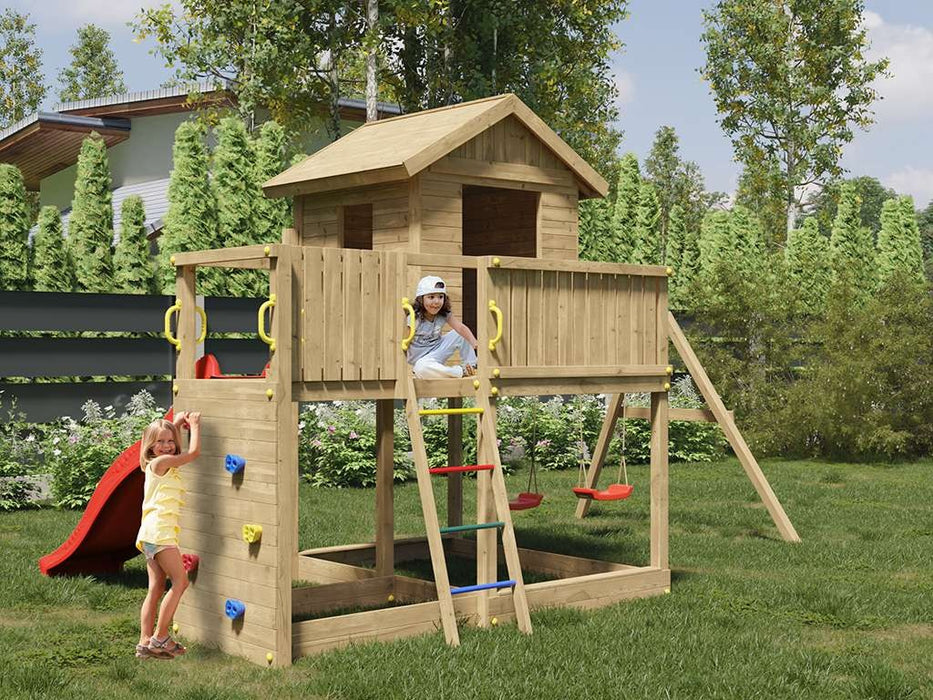 Torre da gioco 'SPACE L' incl. altalena doppia + scivolo rossa, 488x332x280cm (LxPxA)