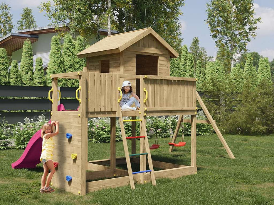 Play tower 'SPACE L' incl. double swing + slide pink, 488x332x280cm (WxDxH)