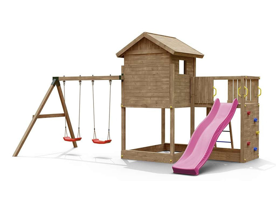 Play tower 'SPACE L' incl. double swing + slide pink, 488x332x280cm (WxDxH)
