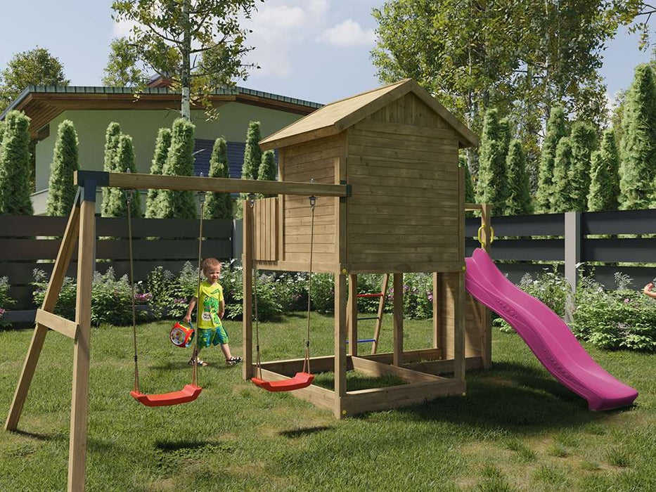 Play tower 'SPACE L' incl. double swing + slide pink, 488x332x280cm (WxDxH)
