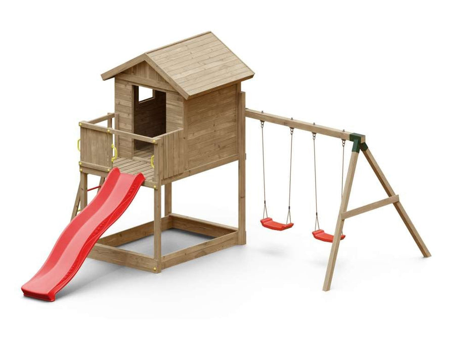 Torre da gioco 'UNIVERSE S' incl. doppia altalena e scivolo rosso, 400x489x280 cm (LxPxA)
