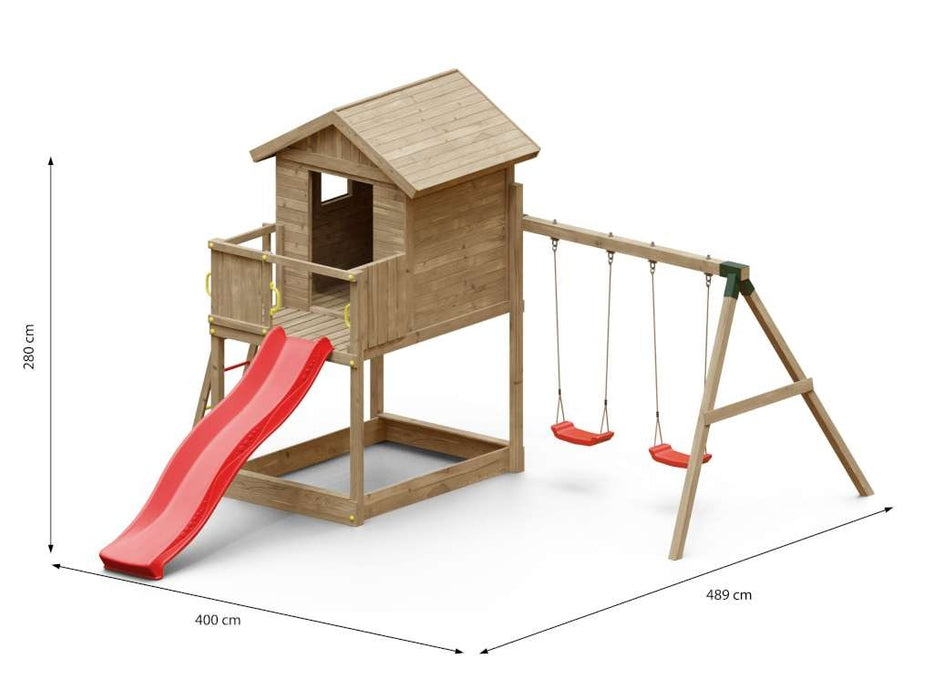 Torre da gioco 'UNIVERSE S' incl. doppia altalena e scivolo rosso, 400x489x280 cm (LxPxA)