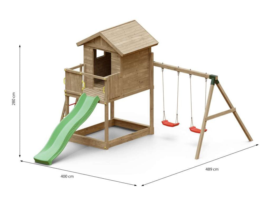 Torre da gioco 'UNIVERSE S' incl. doppia altalena e scivolo verde, 400x489x280 cm (LxPxA)