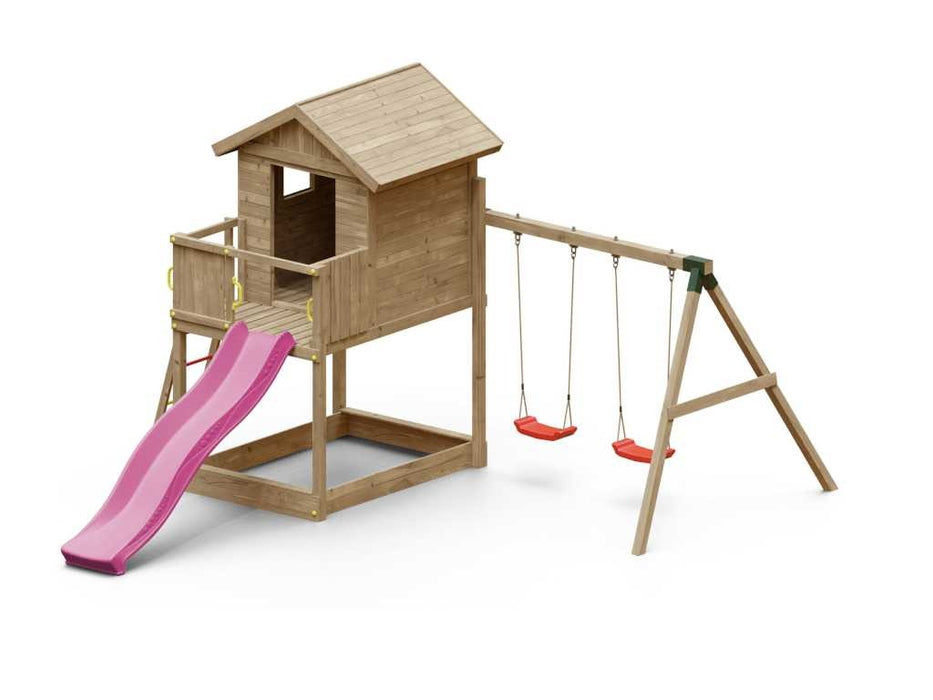 Torre da gioco 'UNIVERSE S' incl. doppia altalena e scivolo rosa, 400x489x280 cm (LxPxA)