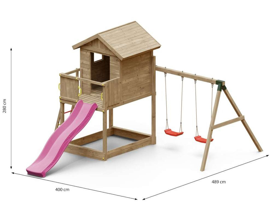Torre da gioco 'UNIVERSE S' incl. doppia altalena e scivolo rosa, 400x489x280 cm (LxPxA)