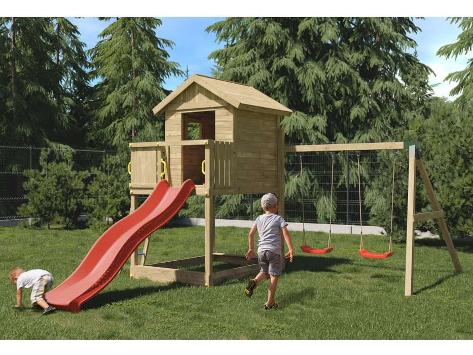 Torre da gioco 'UNIVERSE S' incl. doppia altalena e scivolo rosso, 400x489x280 cm (LxPxA)