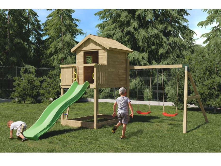 Torre da gioco 'UNIVERSE S' incl. doppia altalena e scivolo verde, 400x489x280 cm (LxPxA)
