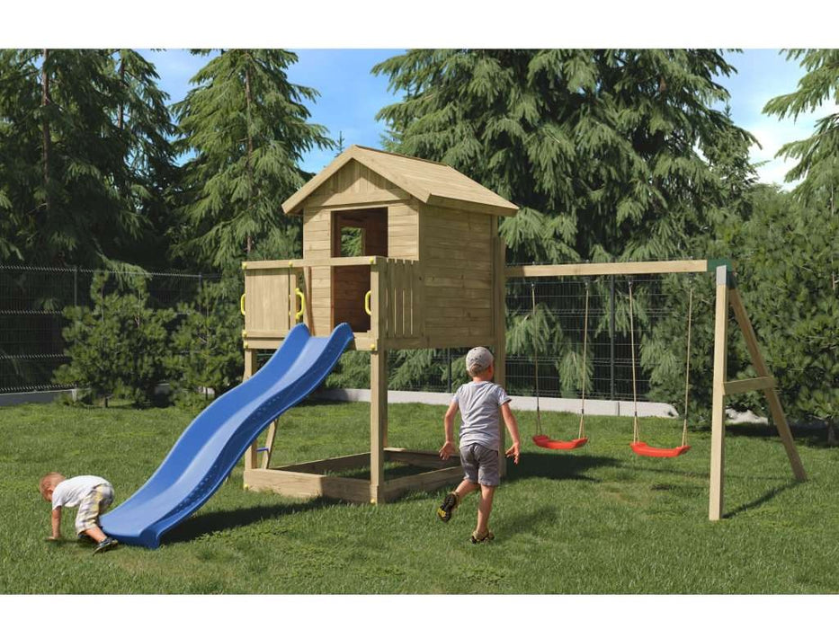 Torre da gioco 'UNIVERSE S' incl. altalena doppia e scivolo blu, 400x489x280 cm (LxPxA)