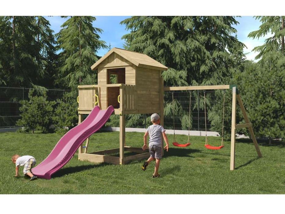 Torre da gioco 'UNIVERSE S' incl. doppia altalena e scivolo rosa, 400x489x280 cm (LxPxA)