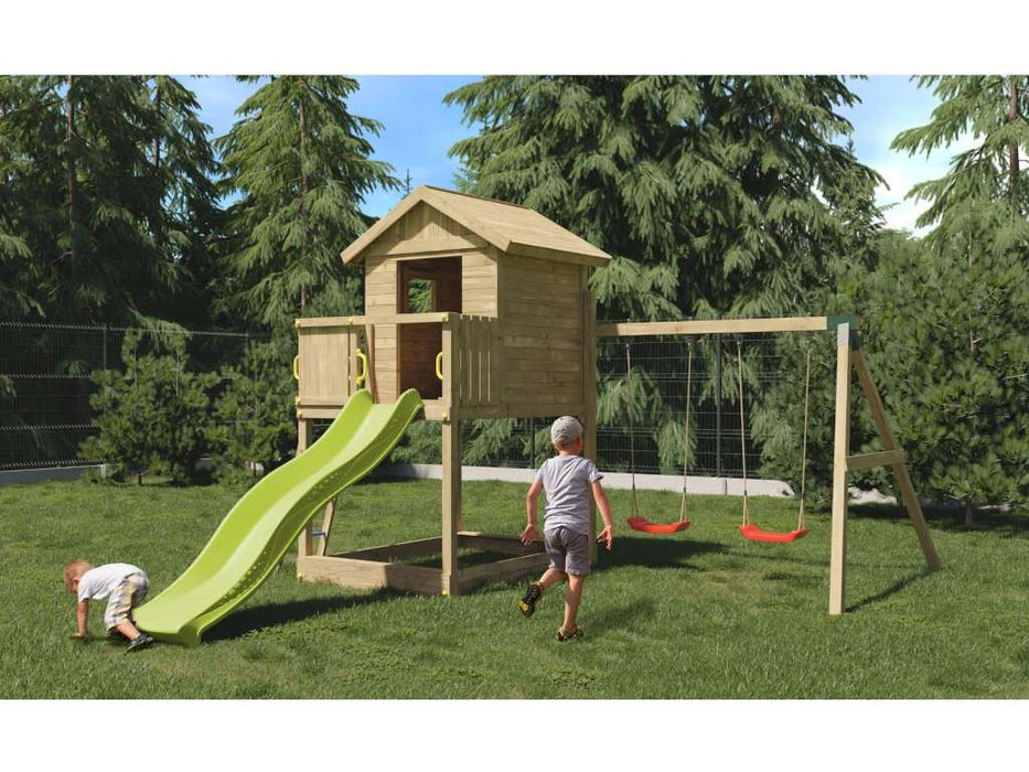 Torre da gioco 'UNIVERSE S' incl. doppia altalena e scivolo giallo, 400x489x280 cm (LxPxA)