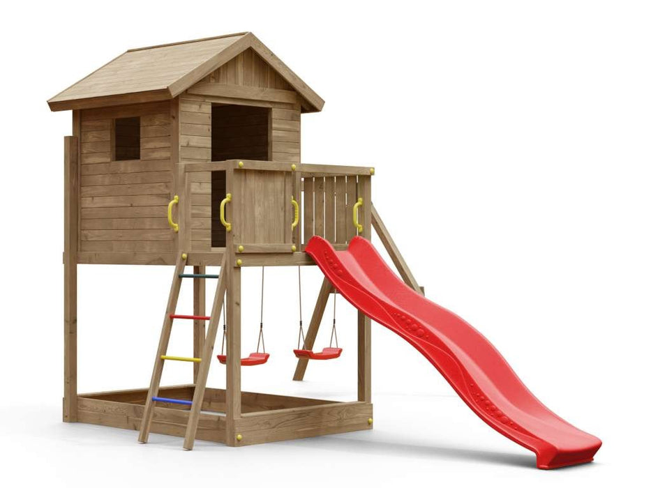Torre da gioco 'UNIVERSE S' incl. doppia altalena e scivolo rosso, 400x489x280 cm (LxPxA)