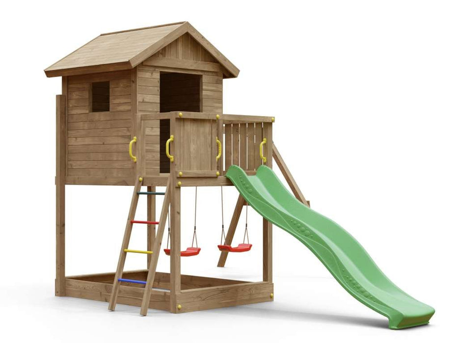 Torre da gioco 'UNIVERSE S' incl. doppia altalena e scivolo verde, 400x489x280 cm (LxPxA)