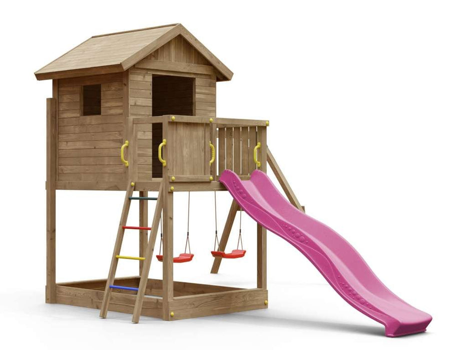 Torre da gioco 'UNIVERSE S' incl. doppia altalena e scivolo rosa, 400x489x280 cm (LxPxA)