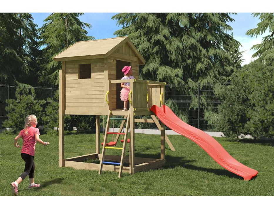 Torre da gioco 'UNIVERSE S' incl. doppia altalena e scivolo rosso, 400x489x280 cm (LxPxA)
