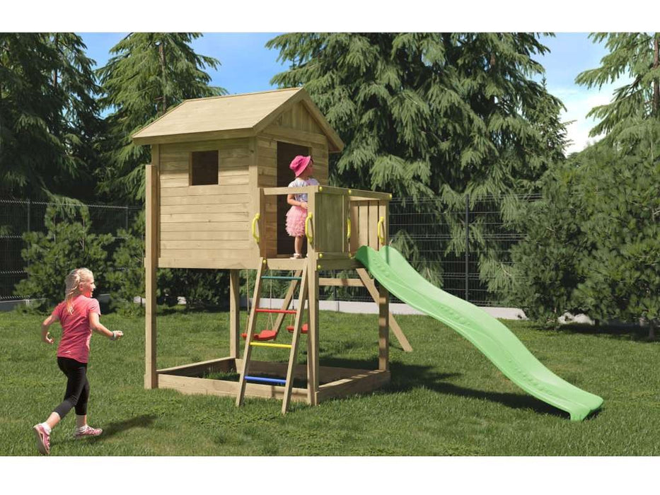 Torre da gioco 'UNIVERSE S' incl. doppia altalena e scivolo verde, 400x489x280 cm (LxPxA)