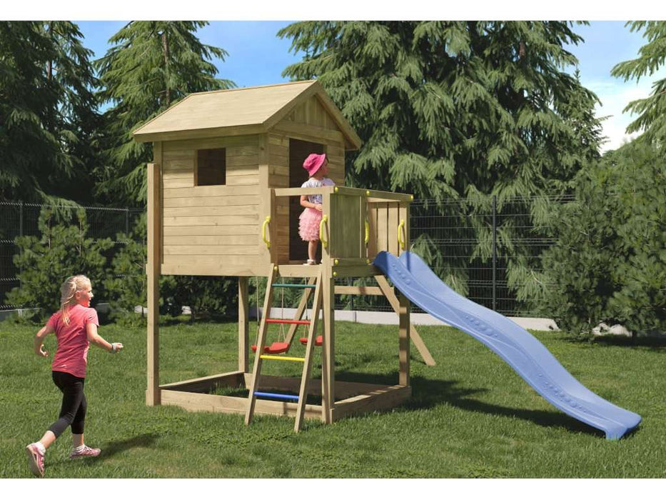 Torre da gioco 'UNIVERSE S' incl. altalena doppia e scivolo blu, 400x489x280 cm (LxPxA)