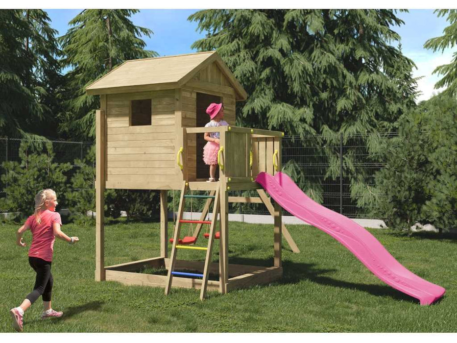 Torre da gioco 'UNIVERSE S' incl. doppia altalena e scivolo rosa, 400x489x280 cm (LxPxA)